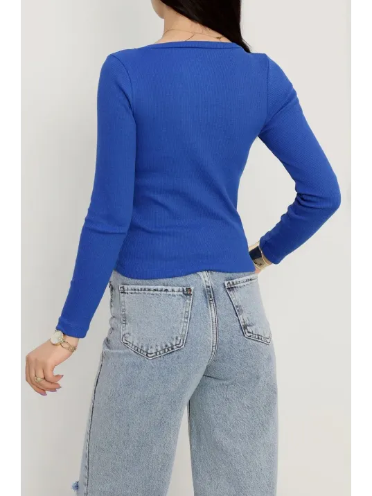 V Yaka Kaşkorse Bluz Saks Mavisi A3699