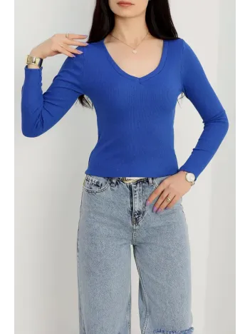 V Yaka Kaşkorse Bluz Saks Mavisi A3699