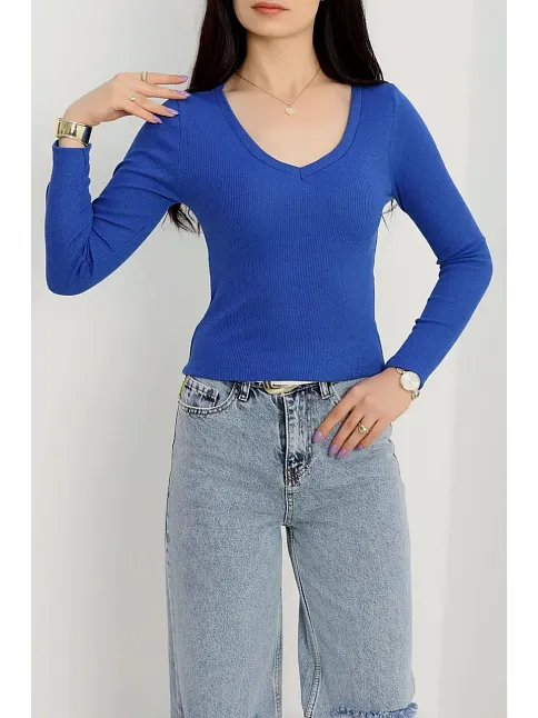 V Yaka Kaşkorse Bluz Saks Mavisi A3699