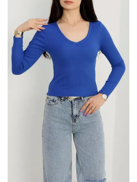 V Yaka Kaşkorse Bluz Saks Mavisi A3699