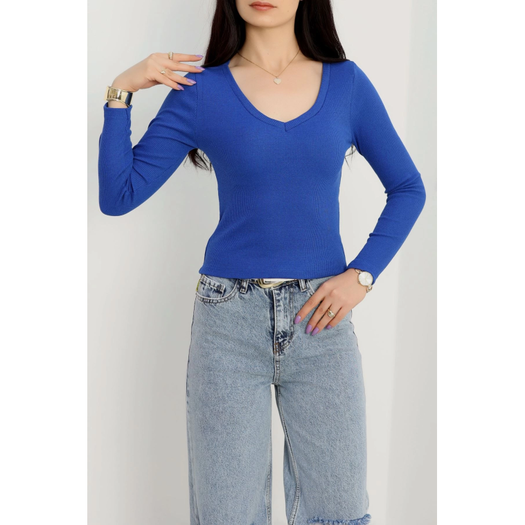V yaka kaşkorse bluz saks mavisi a3699 V yaka kaşkorse bluz saks mavisi a3699