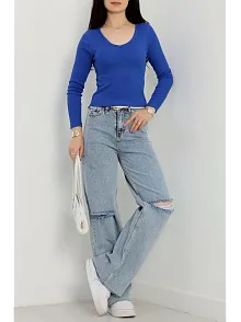 V Yaka Kaşkorse Bluz Saks Mavisi A3699