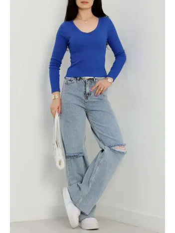 V Yaka Kaşkorse Bluz Saks Mavisi A3699