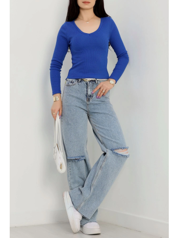 V yaka kaşkorse bluz saks mavisi a3699