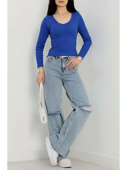 V Yaka Kaşkorse Bluz Saks Mavisi A3699