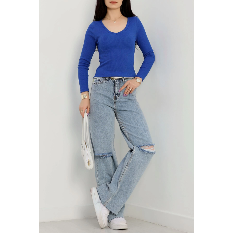 V yaka kaşkorse bluz saks mavisi a3699 V yaka kaşkorse bluz saks mavisi a3699