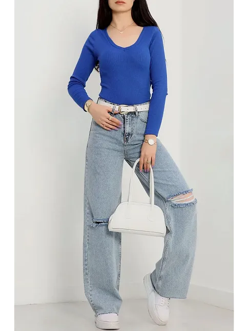 V Yaka Kaşkorse Bluz Saks Mavisi A3699