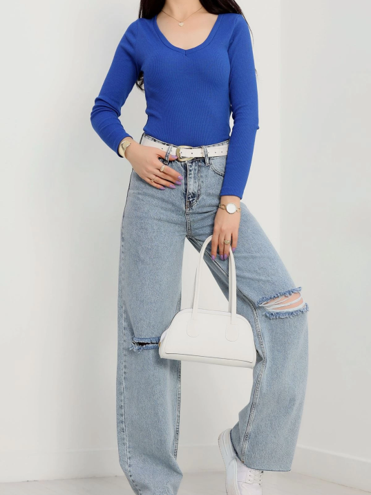 V yaka kaşkorse bluz saks mavisi a3699 V yaka kaşkorse bluz saks mavisi a3699