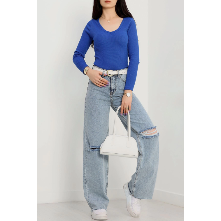V yaka kaşkorse bluz saks mavisi a3699 V yaka kaşkorse bluz saks mavisi a3699