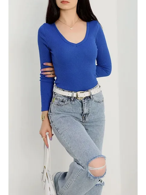 V Yaka Kaşkorse Bluz Saks Mavisi A3699