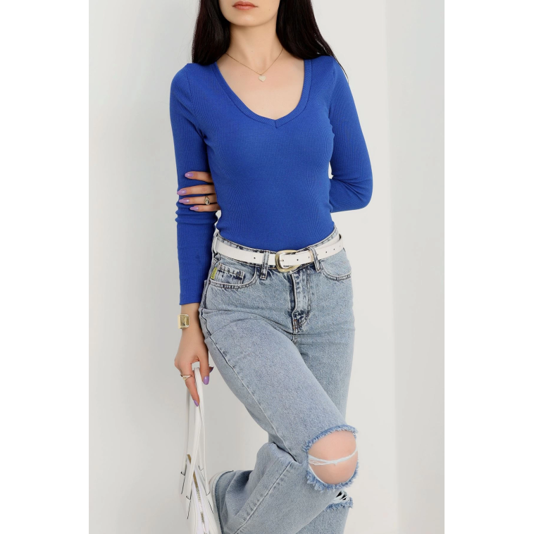 V yaka kaşkorse bluz saks mavisi a3699 V yaka kaşkorse bluz saks mavisi a3699