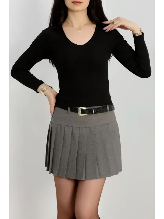 V Yaka Kaşkorse Bluz Siyah A3699