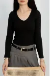 V Yaka Kaşkorse Bluz Siyah A3699