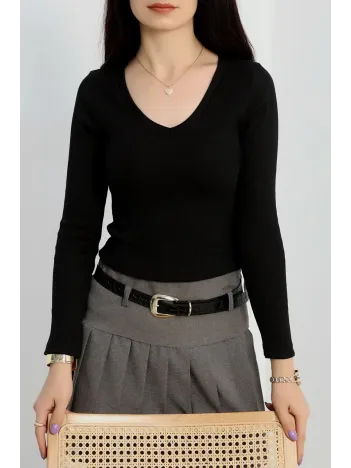 V Yaka Kaşkorse Bluz Siyah A3699