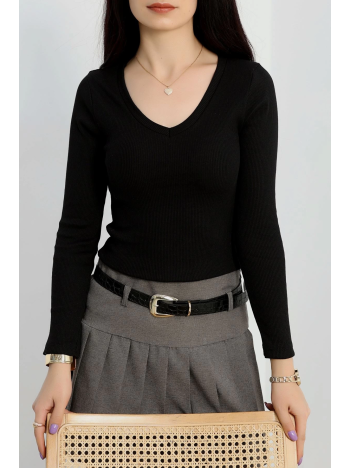 V yaka kaşkorse bluz siyah a3699