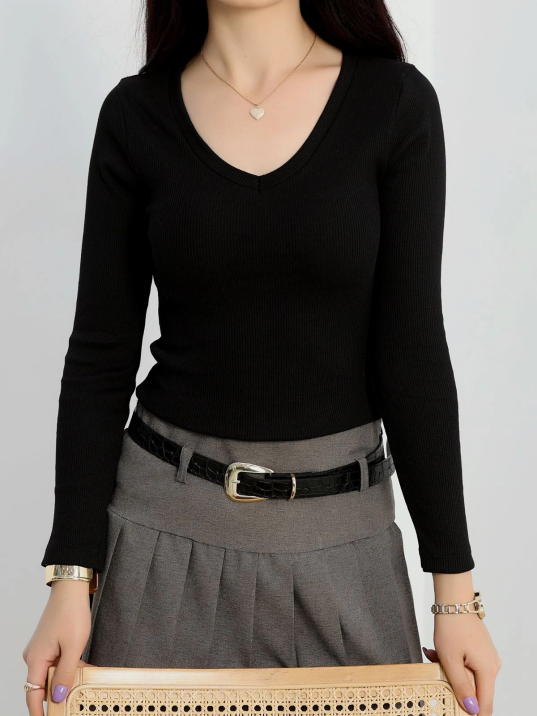 V yaka kaşkorse bluz siyah a3699