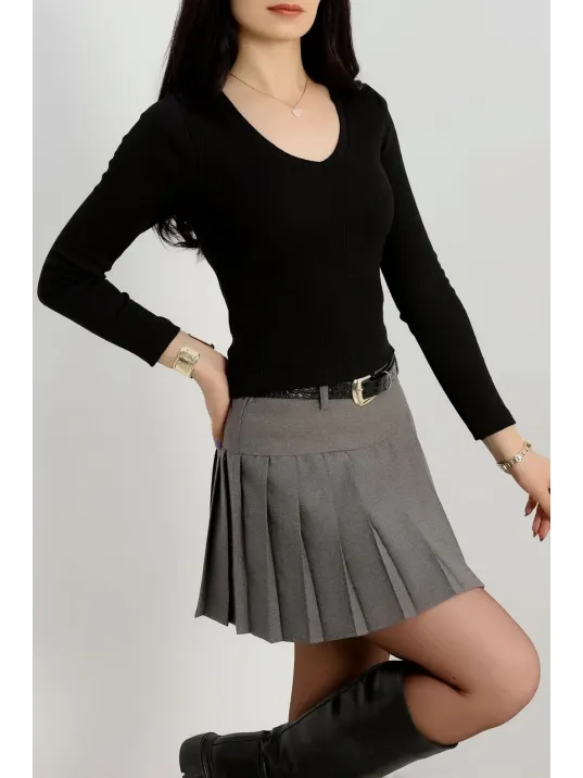 V Yaka Kaşkorse Bluz Siyah A3699