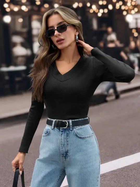 V Yaka Kaşkorse Bluz Siyah W3817