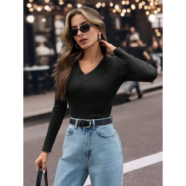 V yaka kaşkorse bluz siyah w3817 V yaka kaşkorse bluz siyah w3817