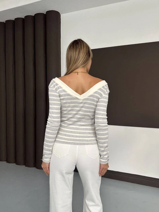 V yaka kol ve yaka düğmeli bluz gribeyaz A4047