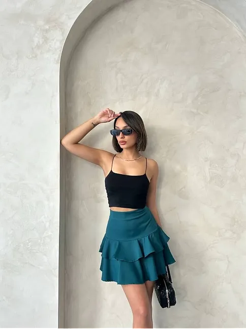Valonlu Fırfırlı Etek Yeşil S24681