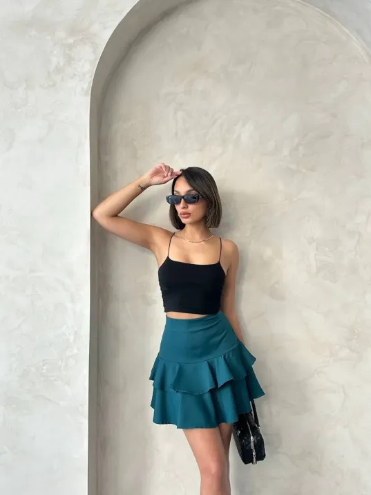 Valonlu Fırfırlı Etek Yeşil S24681