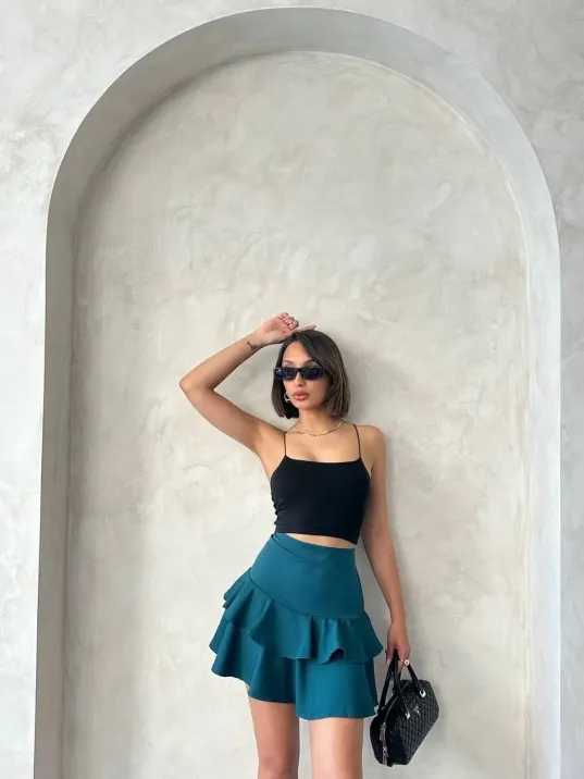 Valonlu Fırfırlı Etek Yeşil S24681