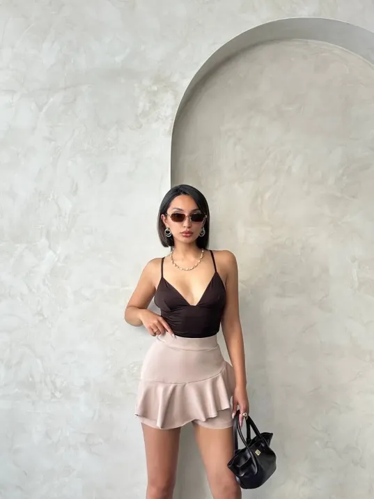 Valonlu Fırfırlı Şort Bej S24683