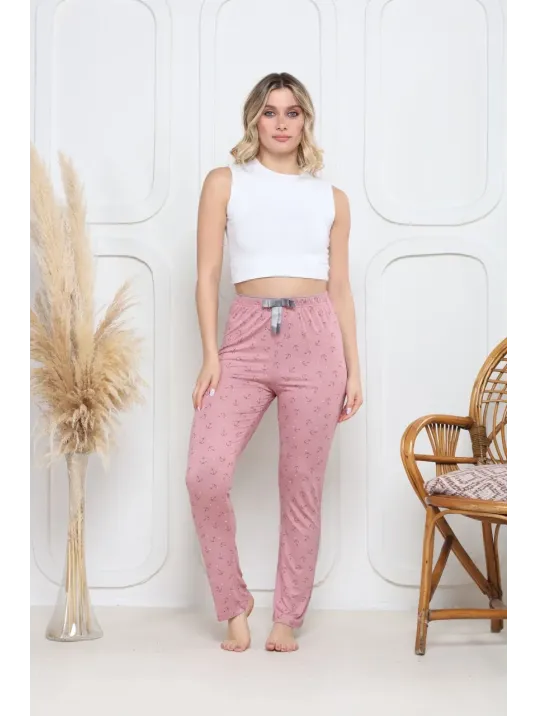 Viskon Likralı Alt Pijama Demir Pembe Baskı Desenli Q6018