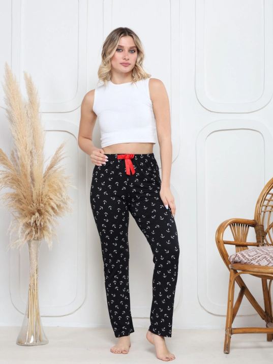 Viskon likralı alt pijama demir siyah baskı desenli q6018