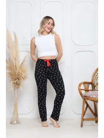 Viskon Likralı Alt Pijama Demir Siyah Baskı Desenli Q6018