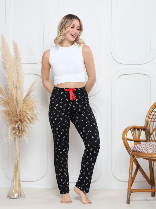 Viskon likralı alt pijama demir siyah baskı desenli q6018