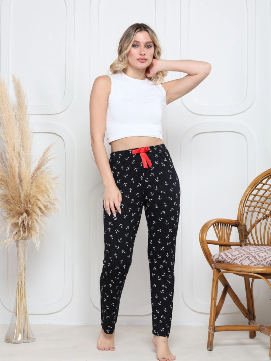 Viskon likralı alt pijama demir siyah baskı desenli q6018