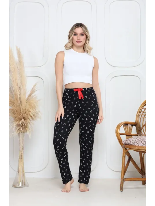 Viskon Likralı Alt Pijama Demir Siyah Baskı Desenli Q6018