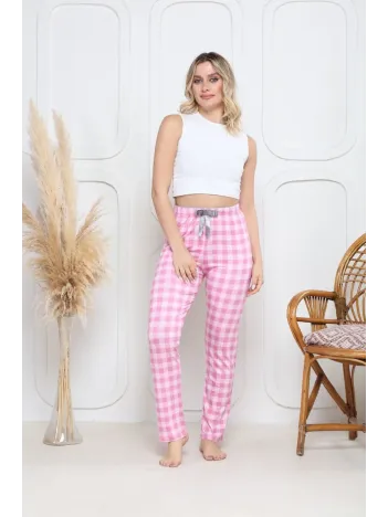 Viskon Likralı Alt Pijama Ekıse Pembe Baskı Desenli Q6018