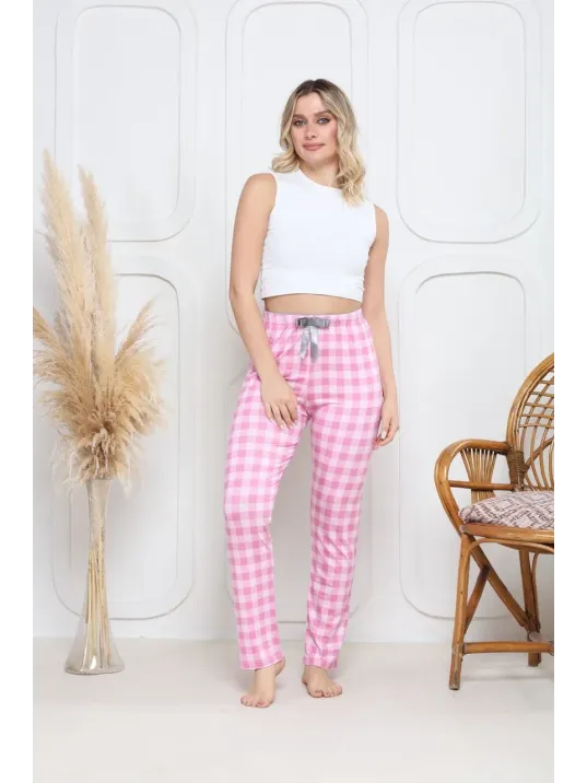 Viskon Likralı Alt Pijama Ekıse Pembe Baskı Desenli Q6018