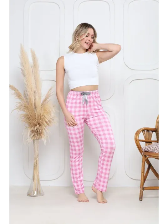 Viskon Likralı Alt Pijama Ekıse Pembe Baskı Desenli Q6018