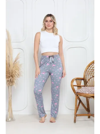 Viskon Likralı Alt Pijama Gri Üzerine Pembe Kelebek Baskı Desenli Q6018