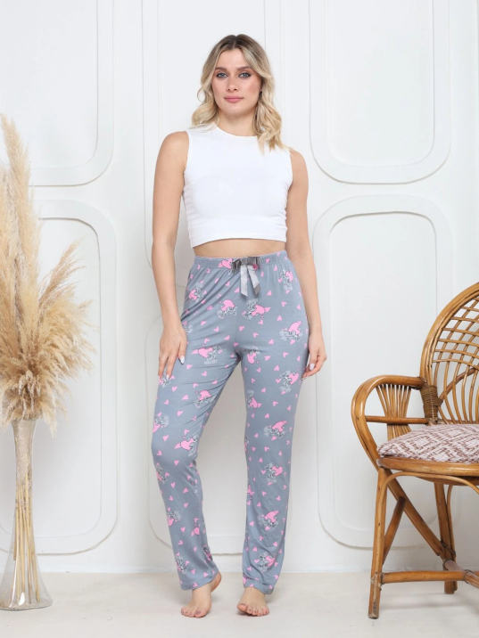 Viskon likralı alt pijama gri üzerine pembe kelebek baskı desenli q6018