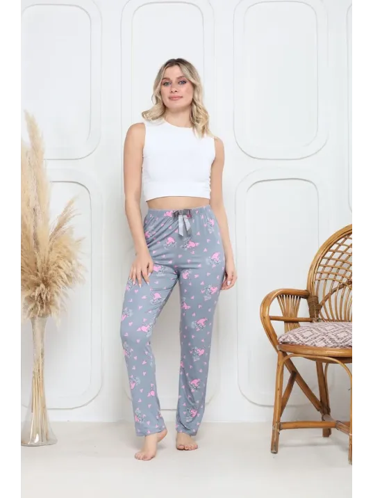 Viskon Likralı Alt Pijama Gri Üzerine Pembe Kelebek Baskı Desenli Q6018