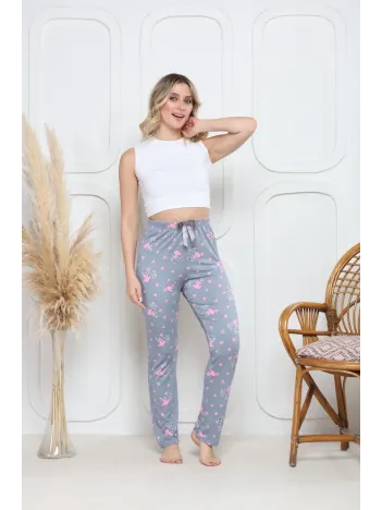 Viskon Likralı Alt Pijama Gri Üzerine Pembe Kelebek Baskı Desenli Q6018