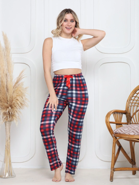 Viskon likralı alt pijama küçük ekose baskı desenli q6018 Viskon likralı alt pijama küçük ekose baskı desenli q6018