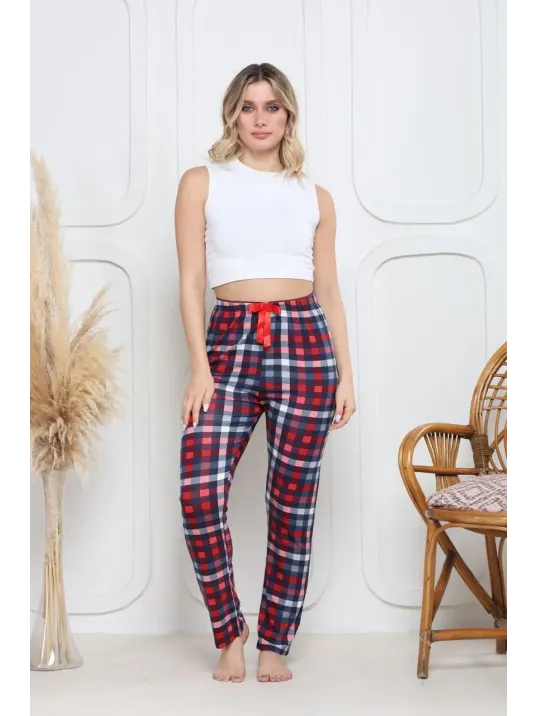 Viskon Likralı Alt Pijama Küçük Ekose Baskı Desenli Q6018