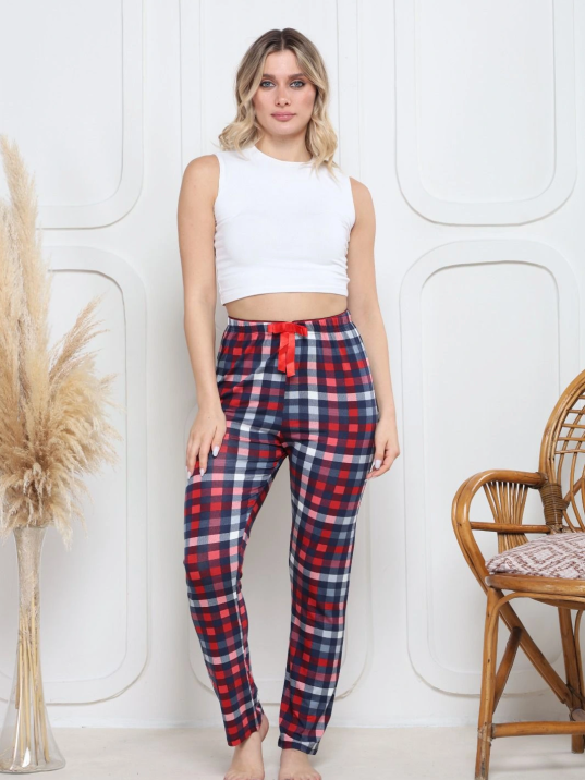 Viskon likralı alt pijama küçük ekose baskı desenli q6018 Viskon likralı alt pijama küçük ekose baskı desenli q6018