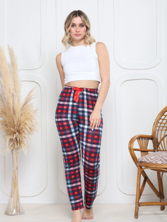 Viskon likralı alt pijama küçük ekose baskı desenli q6018 Viskon likralı alt pijama küçük ekose baskı desenli q6018