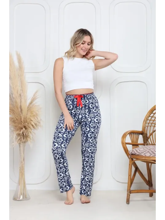 Viskon Likralı Alt Pijama Süzgülü Lacivert Baskı Desenli Q6018