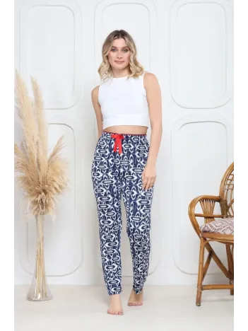 Viskon Likralı Alt Pijama Süzgülü Lacivert Baskı Desenli Q6018