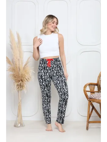 Viskon Likralı Alt Pijama Süzgülü Siyah Baskı Desenli Q6018