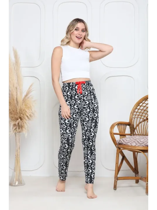 Viskon Likralı Alt Pijama Süzgülü Siyah Baskı Desenli Q6018