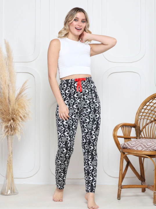 Viskon likralı alt pijama süzgülü siyah baskı desenli q6018